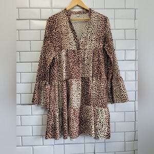 Women’s Tiered Style Animal Print Mini Dress Tunic V-Neck Long Sleeve Lightweigh